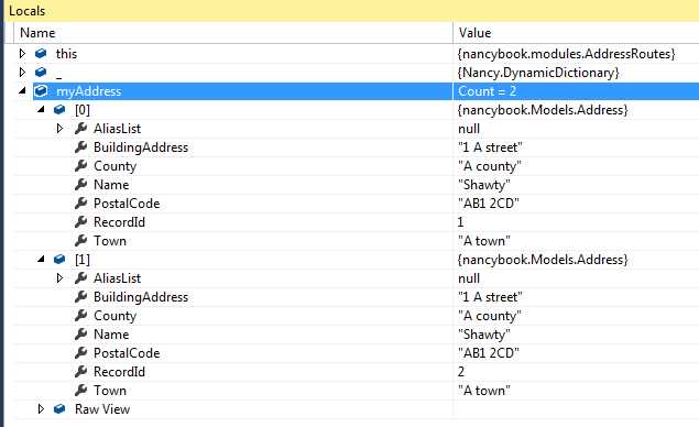 Visual Studio debugger showing list binding