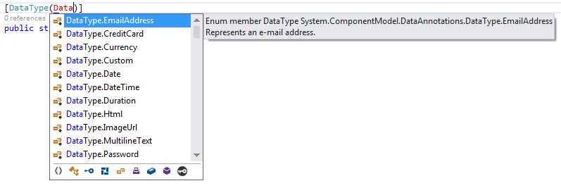 Visual Studio IntelliSense showing the different data types available