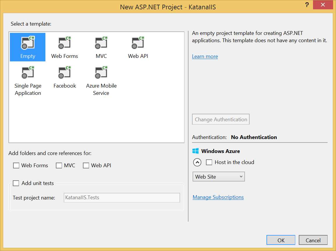 New ASP.NET Project window