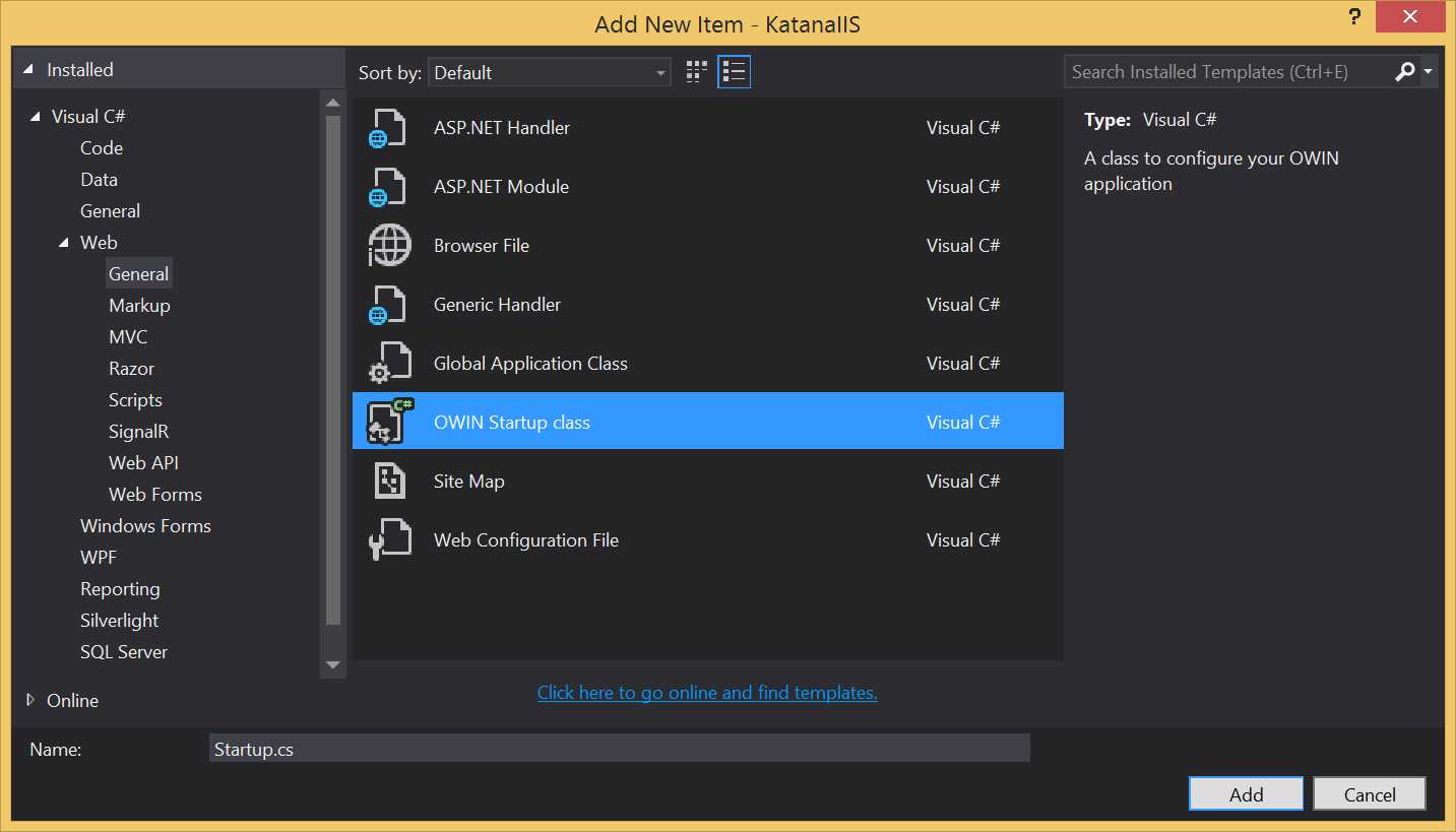 Add New Item window with OWIN Startup call
