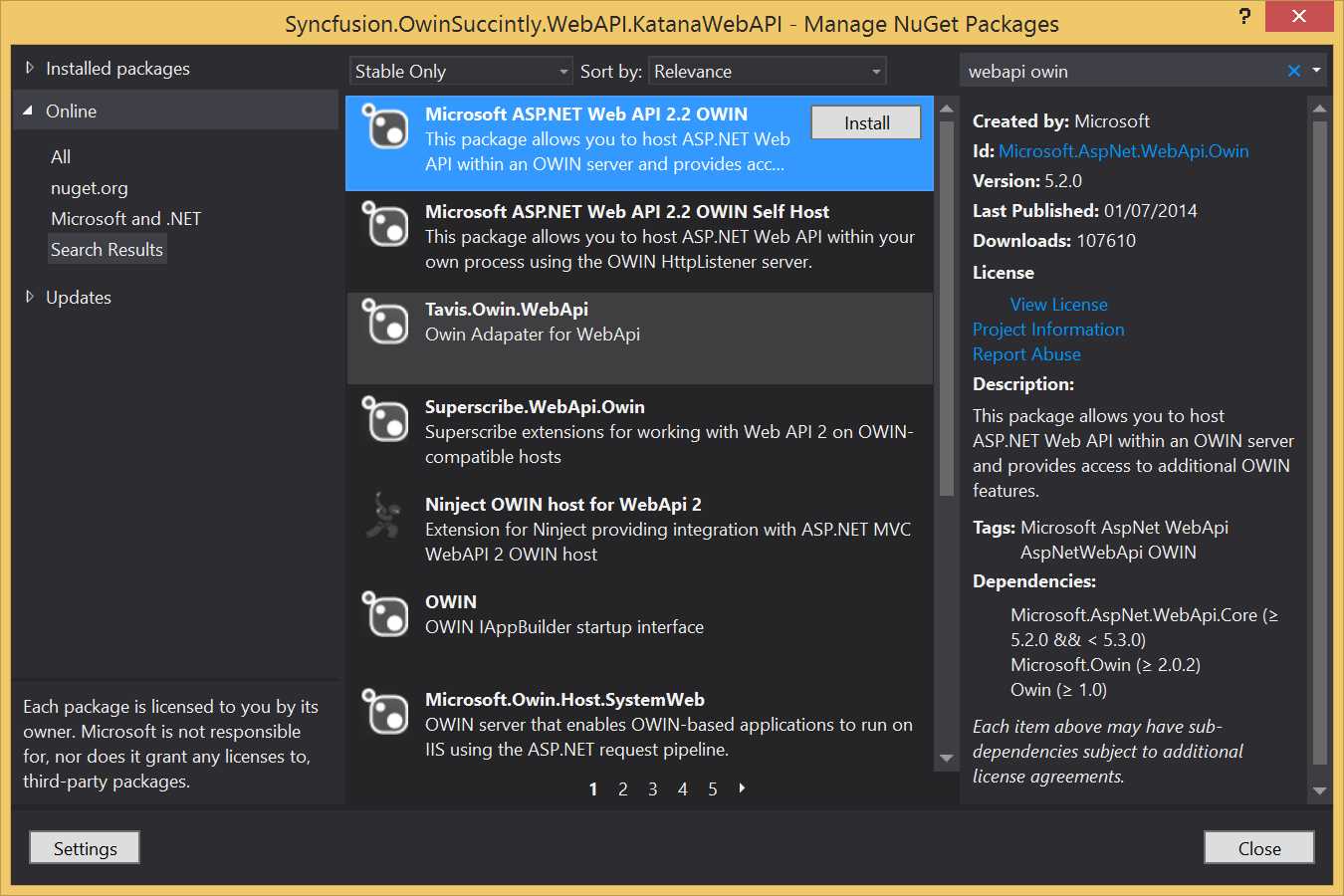 Nuget Package Manager with Microsoft.AspNet.WebApi.Owin selected