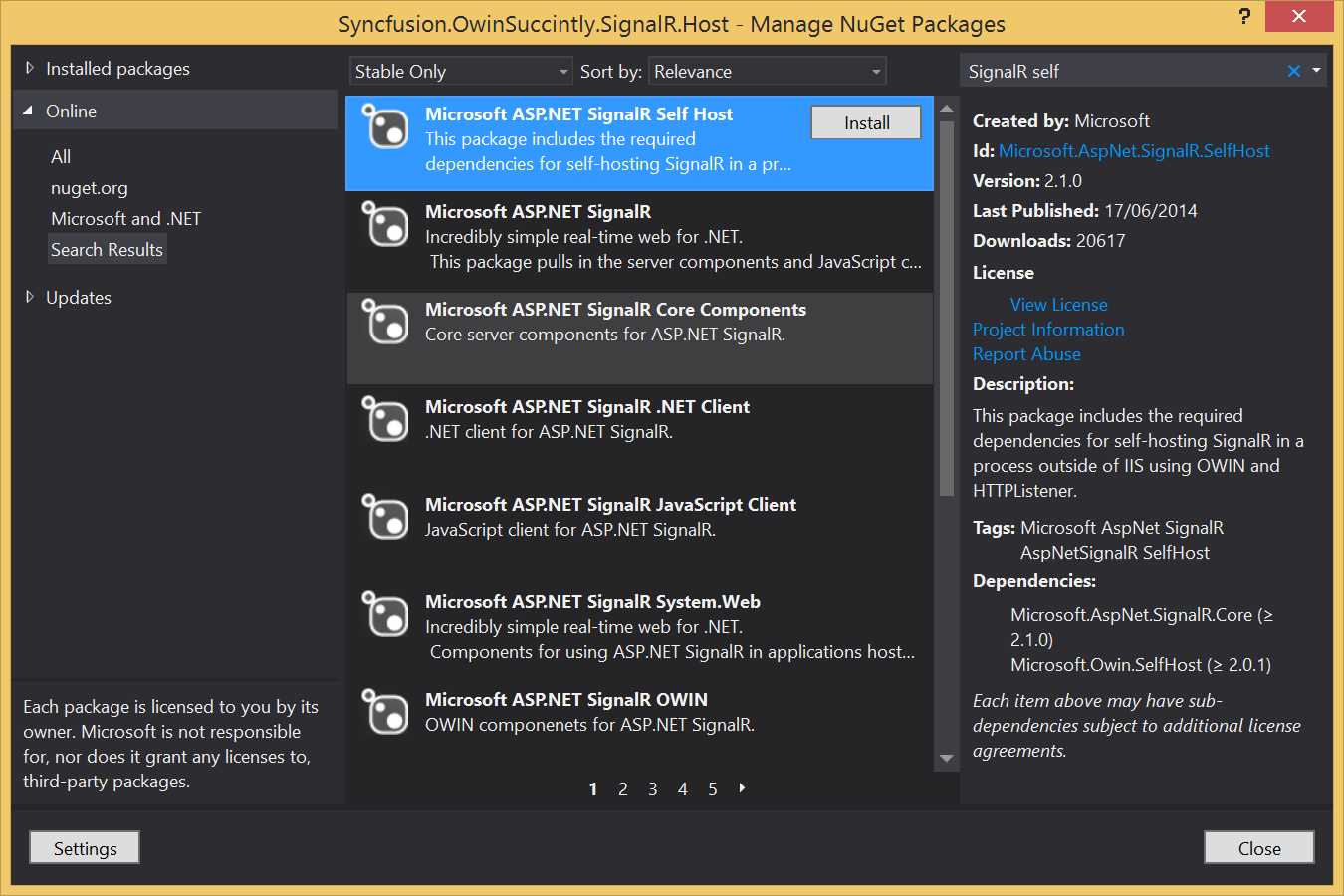 SignalR Self Host package