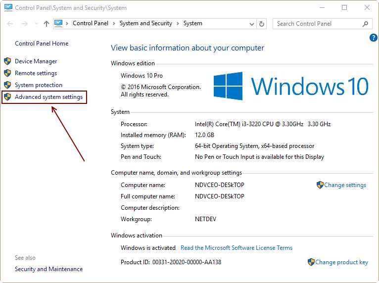 Advanced System Settings Link