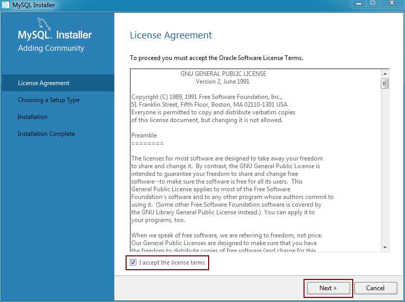 MySQL Installer License Agreement