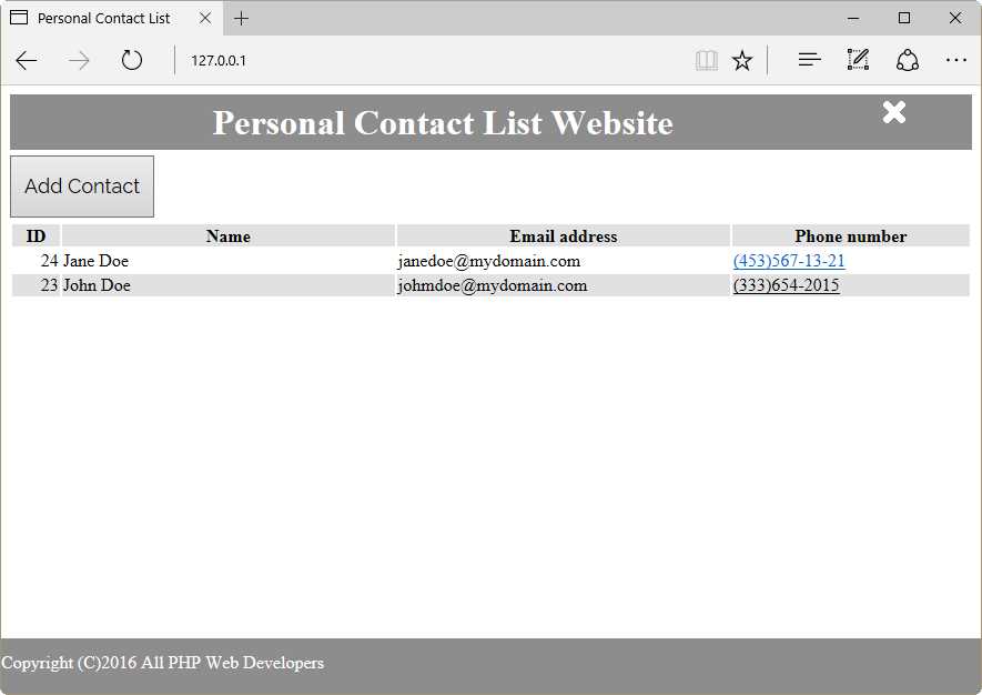 Personal Contact List Website