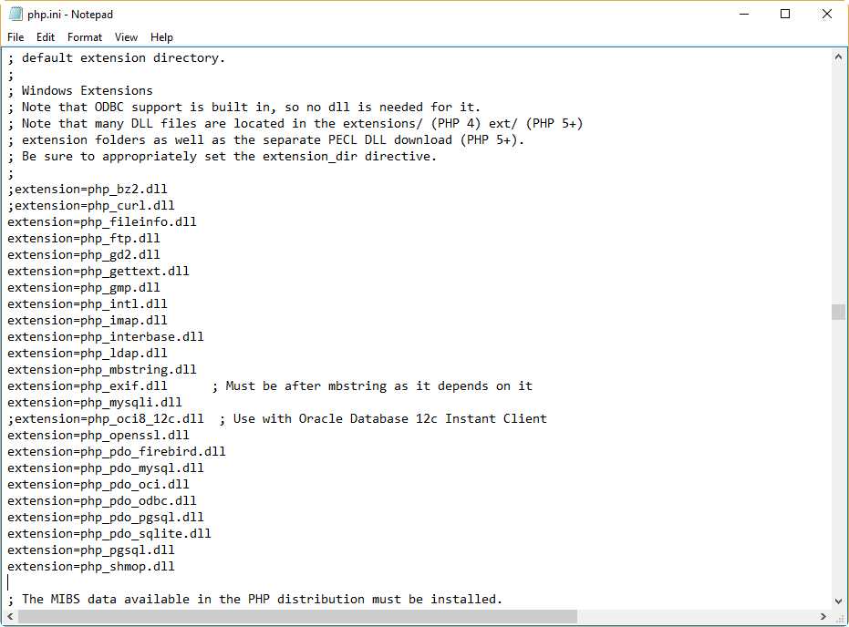php.ini with Needed Extensions Uncommented