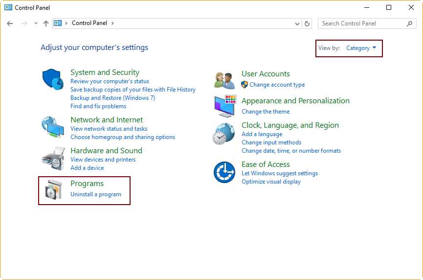 Programs Section in the Control Panel