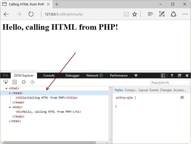 The DOM Explorer Displaying the PHP Response
