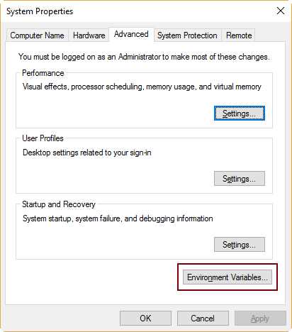 The Environment Variables Button
