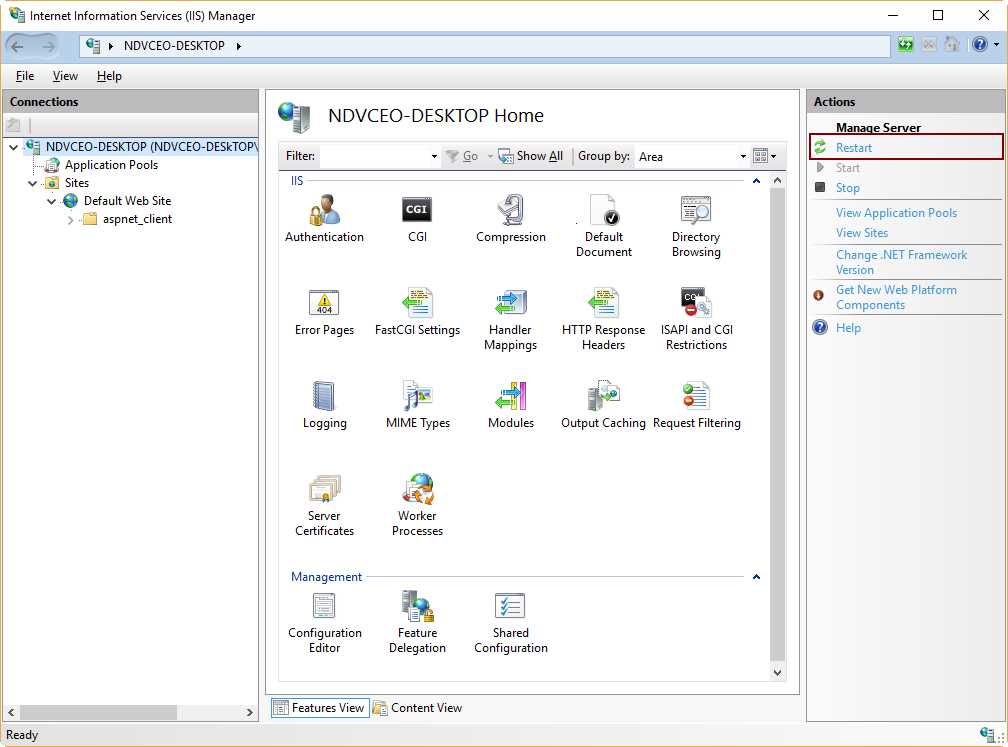 The Restart Link in the IIS Manager Window