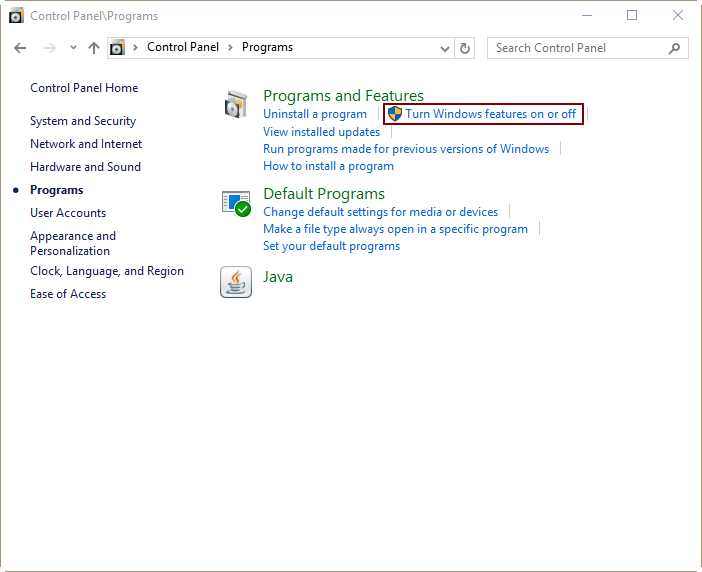 Turning Windows Features On or Off in the Programs Section