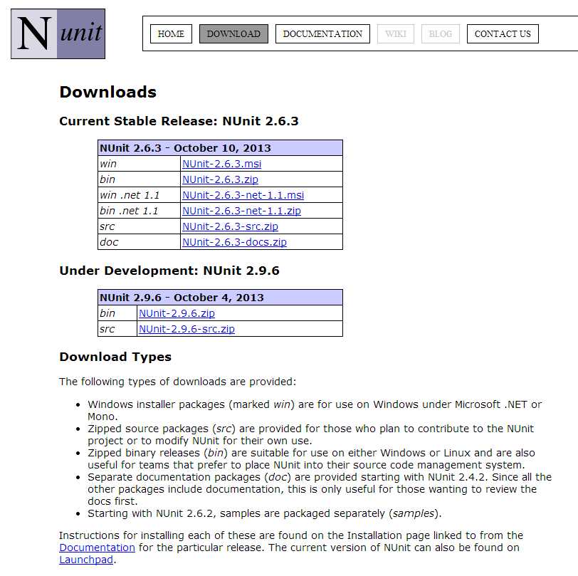 NUnit Download Site