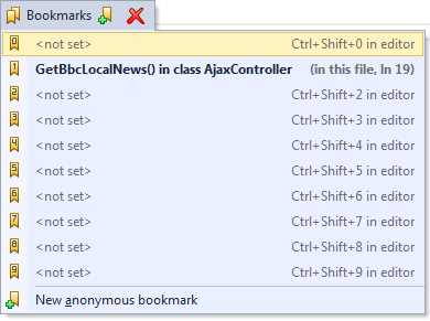 Bookmarks pop-up menu showing the newly defined bookmark