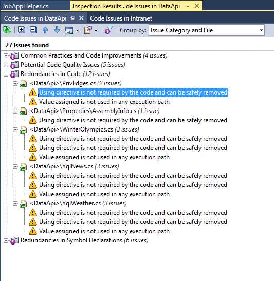 Code issues in project expanded to show warnings