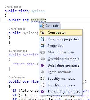 Generate Code menu with property based options available