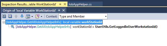 Inspection results showing the origin of a variable