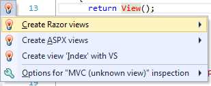 Inspections menu for a missing MVC razor view