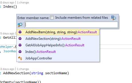 Navigate to Go to File Member pop-up menu