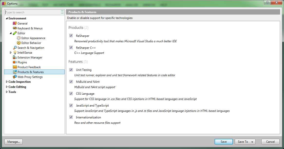 Options for enabling, disabling specific feature groups