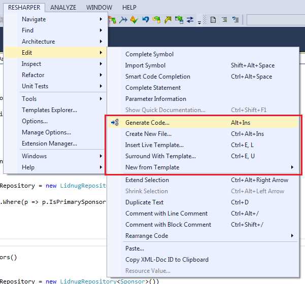 R# code generation features on the Edit menu