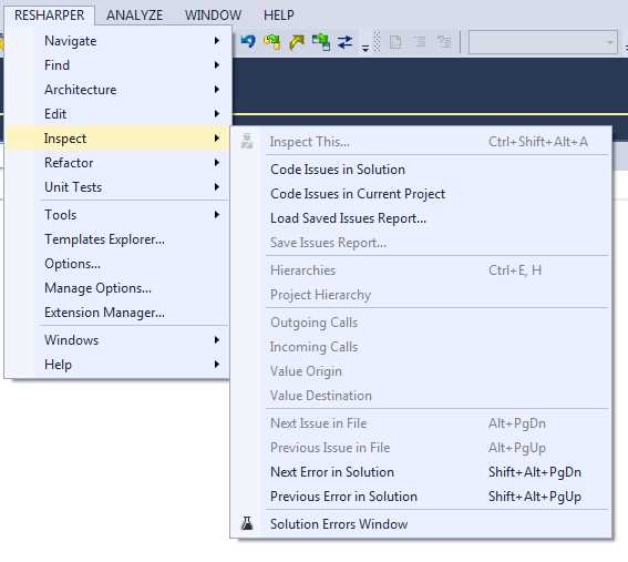 R# Code Inspection menu