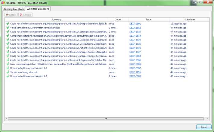R# Exceptions, submission status