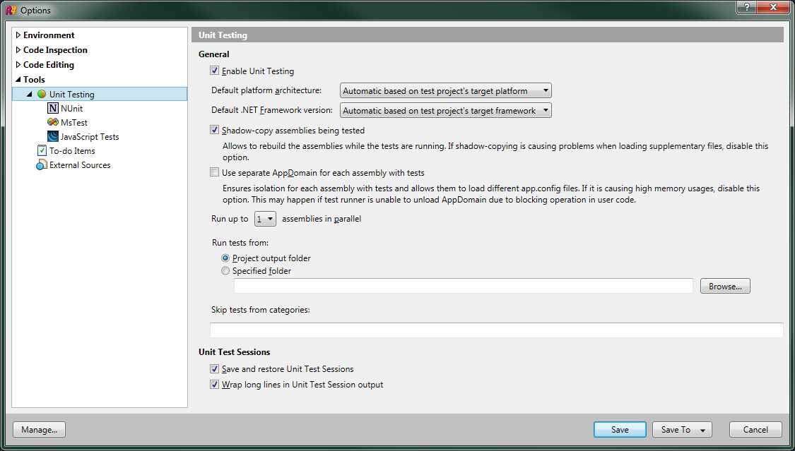 R# general unit test options