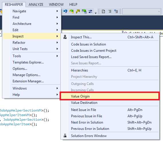 R# Inspect menu showing Value Origin option