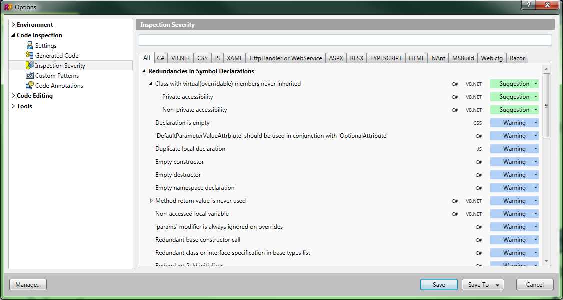R# Inspection severity options