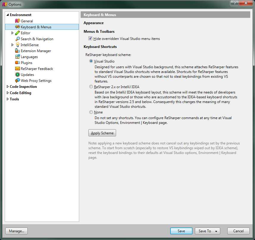R# Keyboard & Menus options