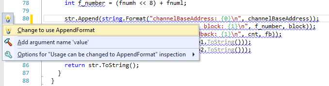 R# Quick Fix menu showing the fix option for the append code smell