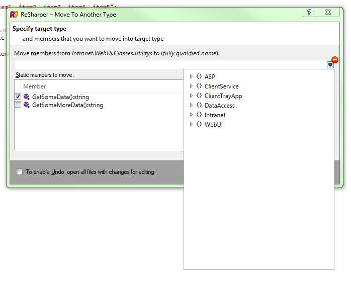 Refactor, Move dialog box showing namespace navigator