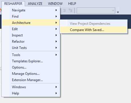 ReSharper Architecture menu showing Compare With Saved