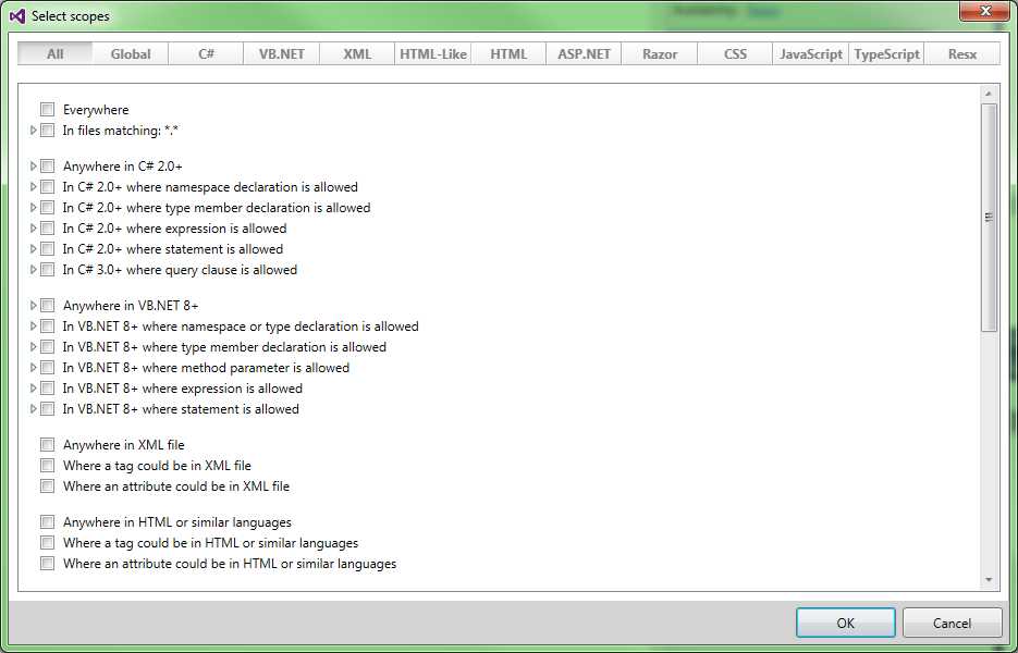 Scope selection dialog box to choose where a template is allowed