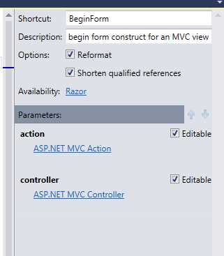 Settings for our new Razor live template