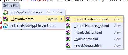 Sub-menu showing dependencies of the Razor layout file