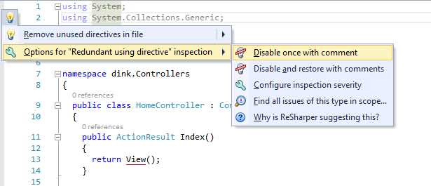 Unused import actions menu inspection options