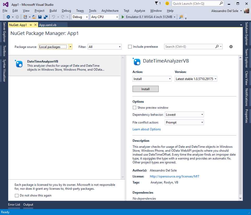 Selecting and installing the NuGet package from a local repository