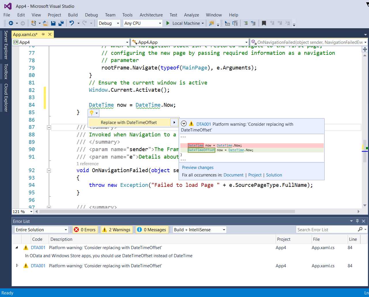 The DateTimeAnalyzer detects the expected issue and suggests code fixes
