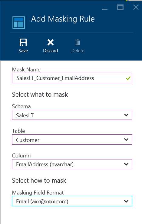 Adding Masking Rule for a column in the table