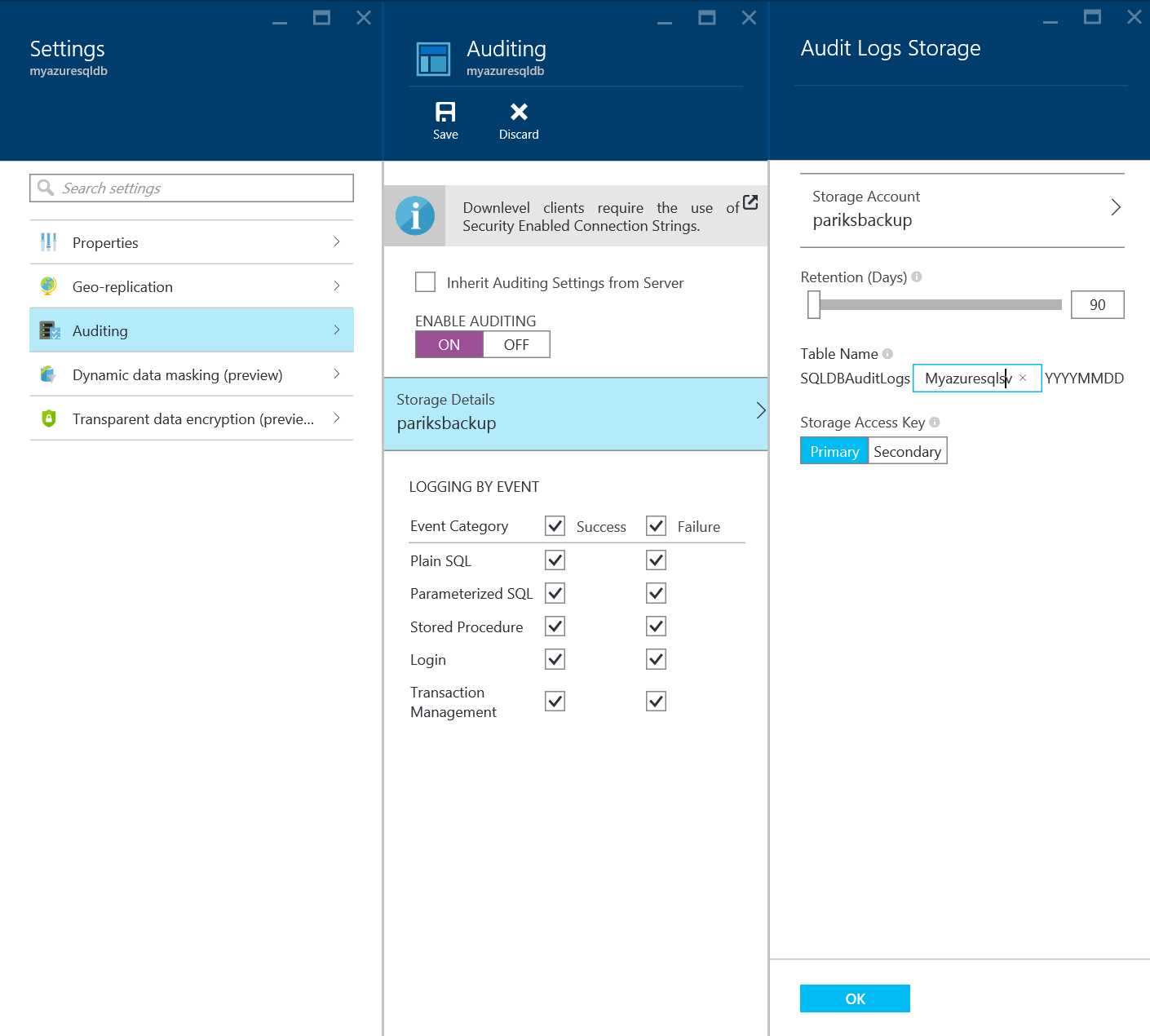 Configuring Auditing settings for Azure SQL Database