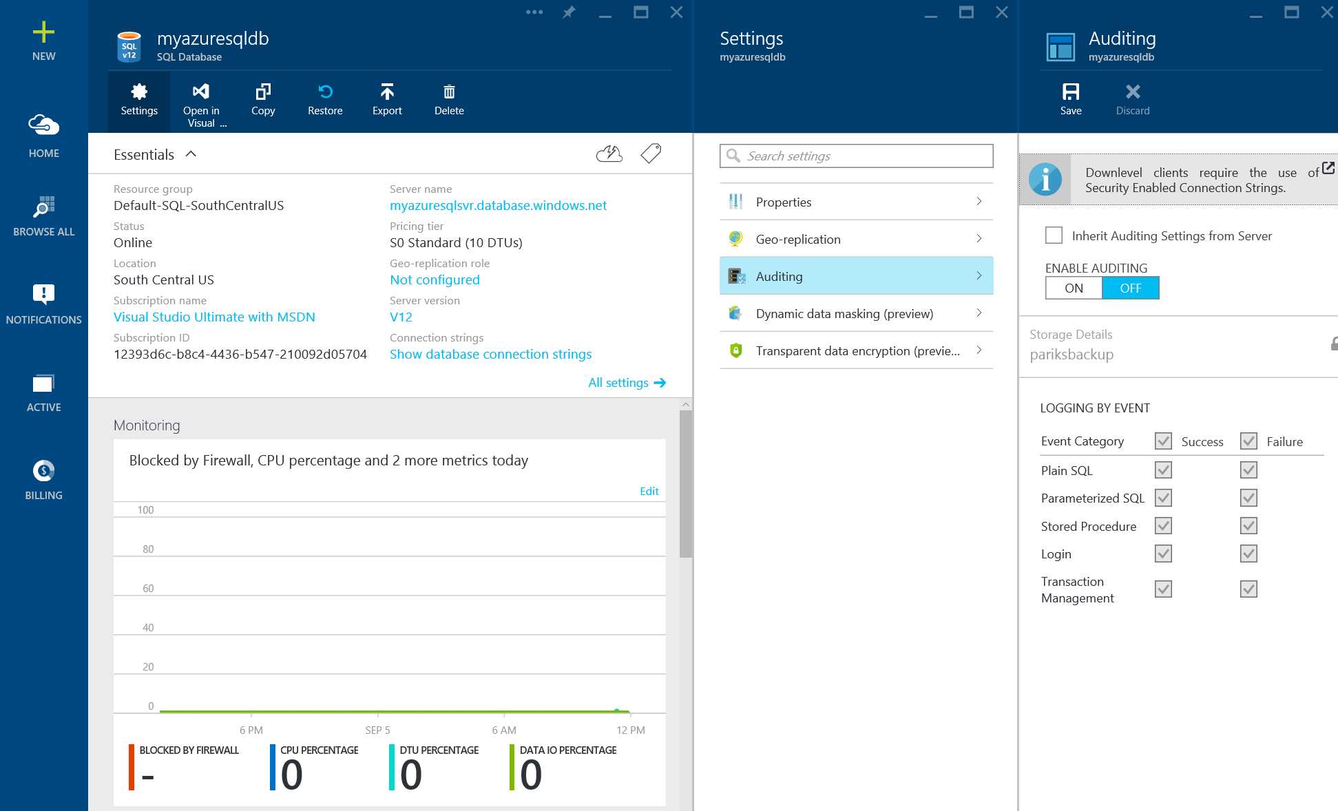 Enabling Auditing on Azure SQL Database