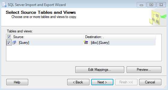 Choosing tables and views to copy