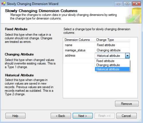 Configuring the change type for SCD attributes