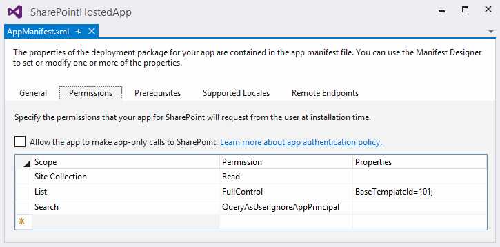 Set permissions on AppManifest.xml using Designer