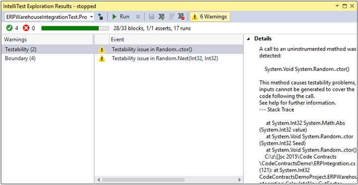 IntelliTest Warnings