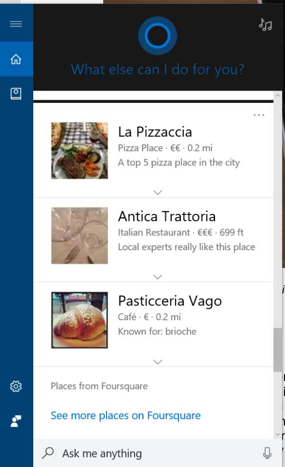 Cortana on Windows 10 is displaying information about the best restaurants near the current location.