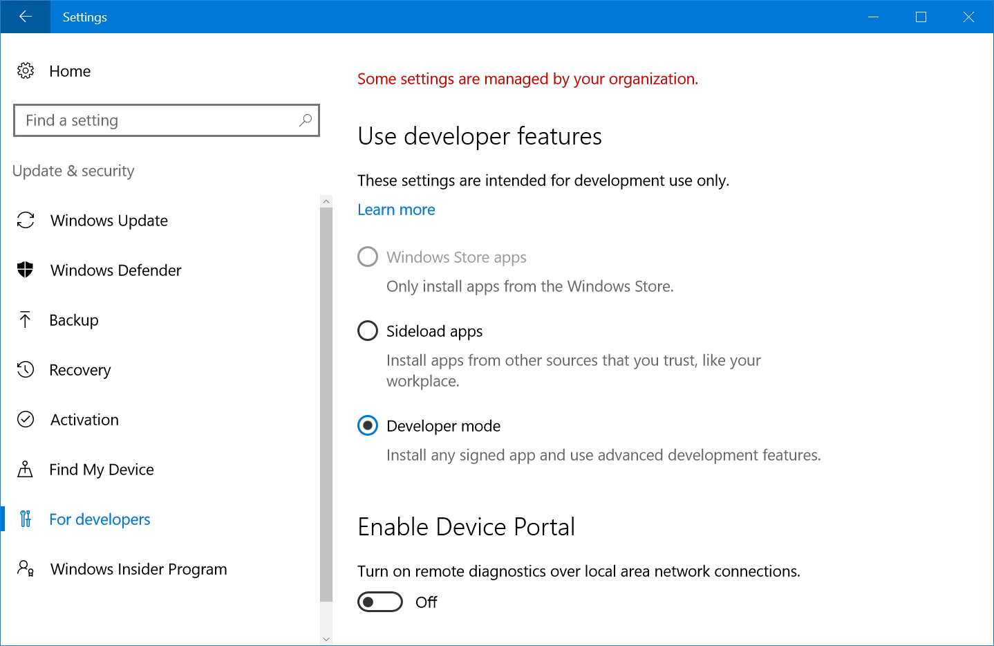 How to enable the Developer mode in Windows 10.