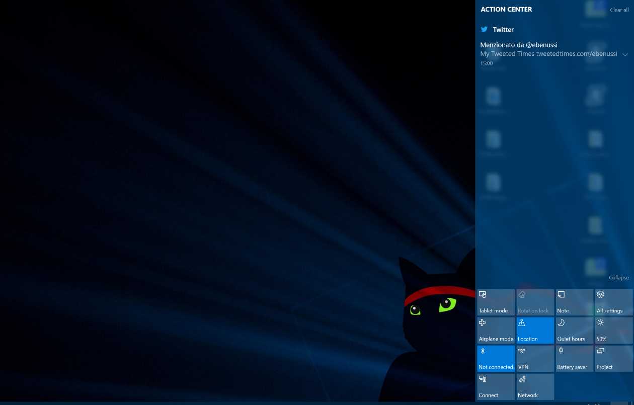 The Action Center in the desktop version of Windows 10.