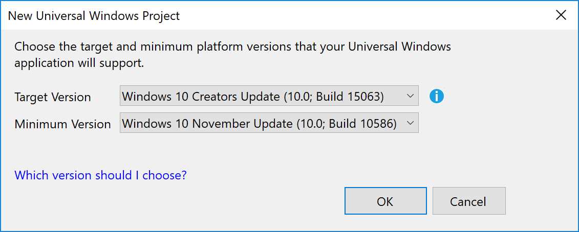 The dialog displayed when you create a new Universal Windows Platform app in Visual Studio 2017.